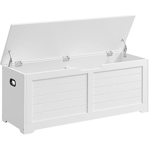 VASAGLE Storage Chest, Storage Bench with 2 Safety Hinges, Farmhouse Style, 15.7 x 47.2 x 18.1 Inches, for Entryway, Bedroom, Living Room, Cloud White ULSB065W01