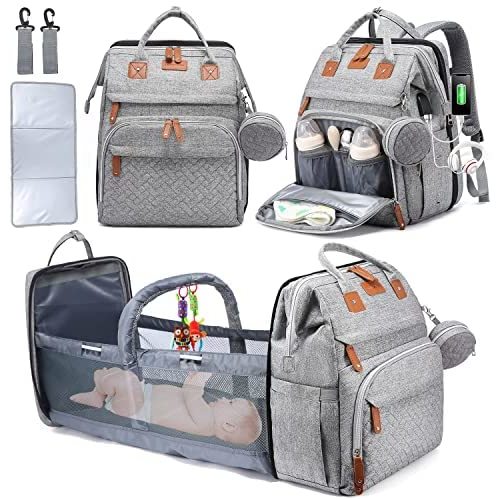 LOVEVOOK Diaper Bag Backpack, 5 in 1 Baby Bag with Changing Station, Waterproof Diaper Bag with Changing Mat, USB Port, Toy Bar and Sunshade, Travel Foldable Baby Crib Backpack for Boys Girls, Grey