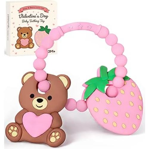 Valentine’s Baby Teething Ring Toys – Heart Teddy Bear & Strawberry Silicone Teethers for Newborns, Infants & Toddlers – Sensory Chew Bracelet for Teething Relief – Perfect Baby Valentines Day Gift