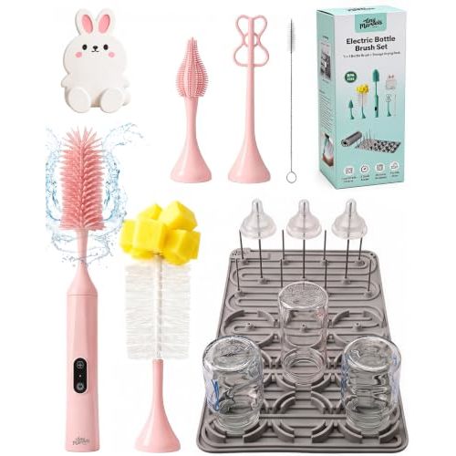 Electric Baby Bottle Brush Set with Storage Drying Rack | Rechargeable Bottle Brush Cleaner with 3 Speeds, Bottles, Nipple & Straw Brush for Travel & Home, BPA-Free, IPX5 Waterproof
