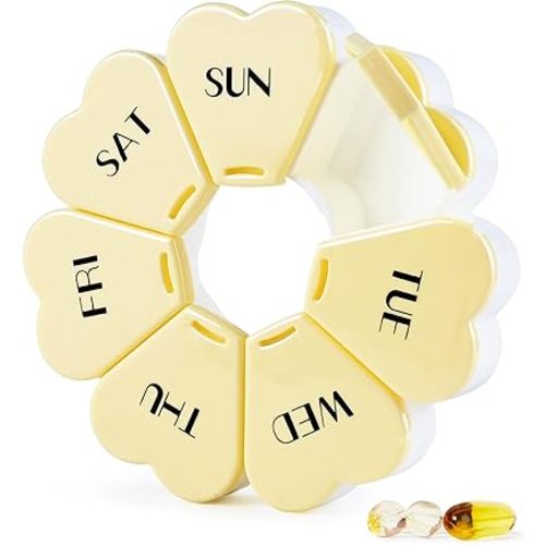 MOLN HYMY Large Weekly Pill Box 7 Day, Pill Case Organizer, Flower Pill Container Once Daily, Round Medicine Dispenser for Vitamin/Fish Oil/Medication/Supplement (Yellow)