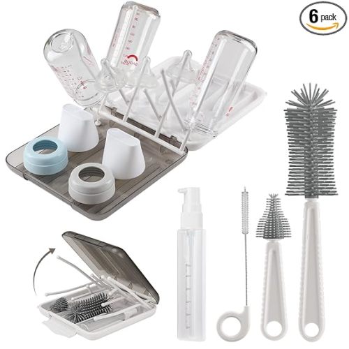 Baby Bottle Brush,6 in 1 Bottle Cleaner Set with Extendable Silicone Bottle Brush,Drying Rack,Nipple & Straw Brushes,Soap Dispenser & Organizer Case,Ideal Gifts for Babies& Moms