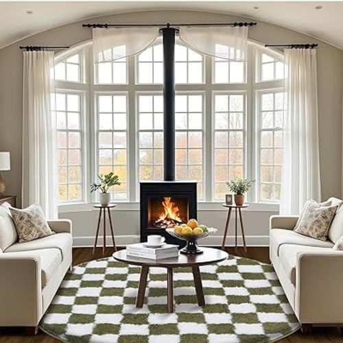 Super Soft Rug, Round Rug for Bedroom, 7X7 Ft Green and White Checkered Round Rug Non-Slip High Pile Cute Soft Fluffy Rug for Living Room Bedroom Kids Room