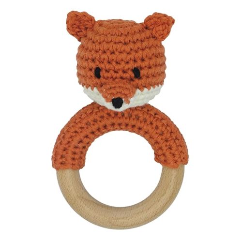 Joliecraft Safari Animals Wooden Baby Rattle Toys Stuffed Crochet Rattle with Teether Ring for Newborn, Orange Fox