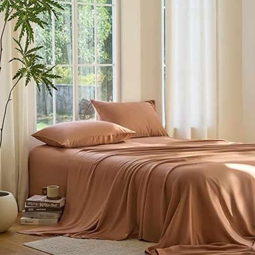 DOZ Sheet Set, 100% Viscose derived from Bamboo, Organically Grown, Buttery Soft, Cooling Sheets, High GSM, Deep Pockets - 4 Piece - 2 Pillowcases 1 Fitted Sheet 1 Top Sheet (Clay, Queen)
