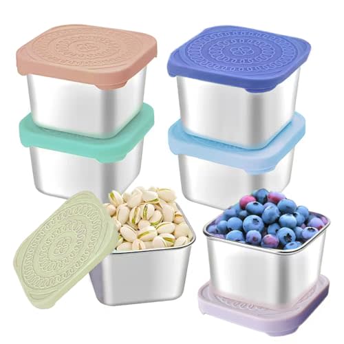 6Pack 6oz Stainless Steel Snack Containers for Kids, Easy Open Leak Proof Metal Toddler Snack Containers with Silicone Lids, Stackable Metal Toddler Lunch Box for School-U.S.Design Patent