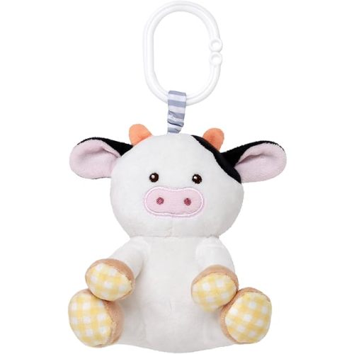 Baby Starters Magic Years Cow Chime Toy with Pull and Jiggle Vibration Feature and Travel Hook, Farm Theme, Black and White, 8 inch with Hook