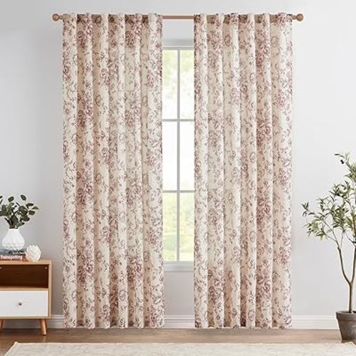 jinchan Linen Blend Curtain Floral Curtains for Living Room 84 Inch Length Farmhouse Brick Red Printed Curtain Rod Pocket Back Tab Peony Flower Patterned Drapes Curtains Set 2 Panels