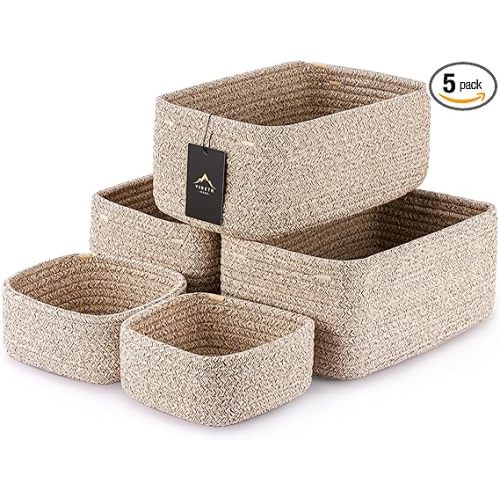5-Pack Small Woven Rope Storage Baskets – 2 Sizes Organizer Bins for Closet, Shelf, Bookshelf, Nursery, Changing Table, Fabric Cube Boxes, Rectangular Shallow Bins for Bathroom, Toy & Home