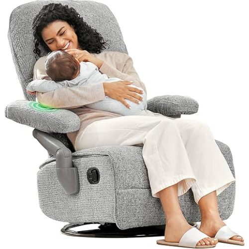 Nursery Swivel Glider Recliner Chair with Adjustable Armrests & Headrest, Silent Rocking Chair Nursery with Removable Cover for Breastfeeding, FSC & Oeko-TEX Certified, Grey