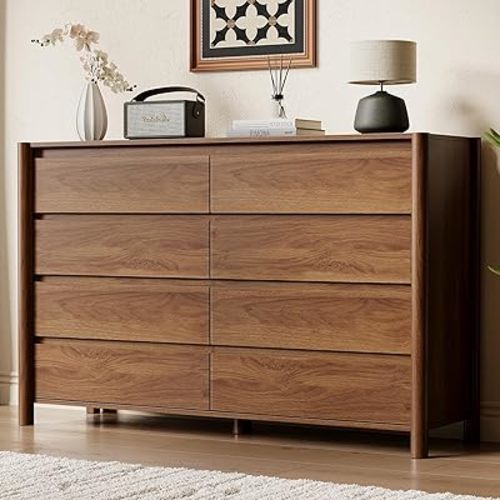 HOUROM 55" Wide 8-Drawer Dresser, Mid-Century Modern Chest with Solid Wood Legs, Concealed Handle,Large Wood Storage Organizer, Bedroom Storage,Walnut