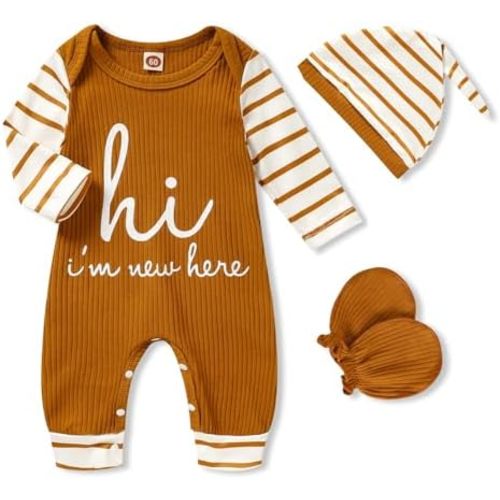 GRNSHTS Newborn Baby Boy Romper Coming Home Outfits Letter Print Bodysuit Jumpsuit+Hat+Gloves 3PCS Clothes Set