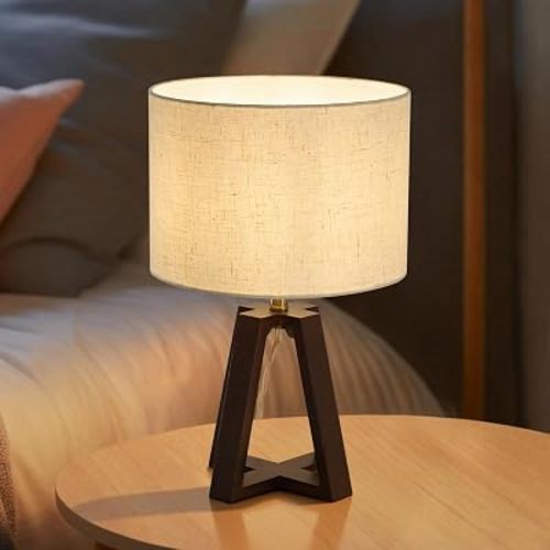 Cross-Base Table Lamp, Small Bamboo Bedside Lamp with Beige Linen Lampshade, Boho Modern Nightstand Lamp for Bedroom Living Room Office,E26 Socket, Walnut