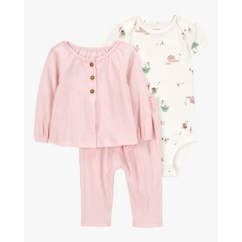 Baby 3-Piece Barn Print Little Cardigan Set - Pink/White - Carter's | Carter's