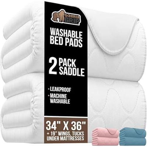 GORILLA GRIP Washable Toddler Mattress Incontinence Pads, Waterproof Bed Underpads, Absorbent Leak Proof, 34x36+19in Wings, 2 Pack Slip Resistant Pad Absorbs 8 Cups for Bedwetting Adults Kids, White