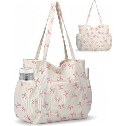 Corduroy Tote Bag for Women Large Capacity Shoulder Bag with Multiple Pockets Zipper Casual Tote Handbag for Travel Work