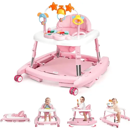 5-in-1 Music and Lights Baby Walker Foldable with 5 Adjustable Heights, Baby Walker with Wheels and Bouncer Combo Portable, Infant Toddler Walker for Baby Boy Girls 6-18 Months
