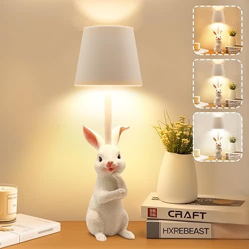 TYNLED Rabbit Lamp Birthday Gifts for Women, 3 Color Dimmable Nightstand Lamp Beside Table Lamp Touch Control Lamp with USB C Charging Port Battery Animal Lamp for Bedroom Dining Room Office Dorm