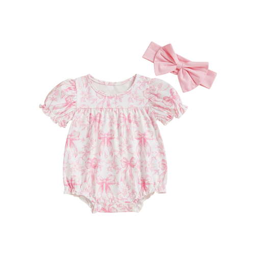 BemeyourBBs Baby Girl Bow Print Romper Ruffle Sleeve Bodysuit with Bow Headband
