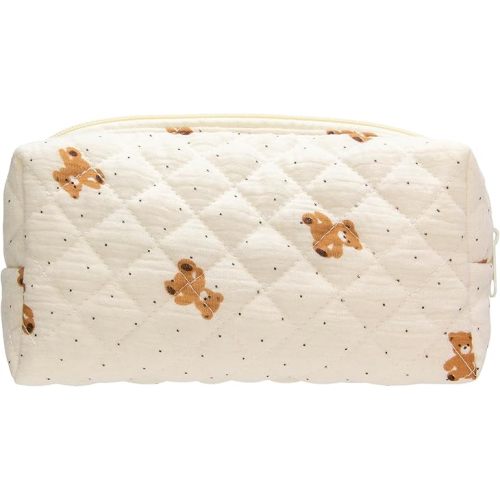 PAZIMIIK Vintage Quilted Makeup Bag Cosmetic Pouch for Brushes Pencils and Travel Make Up Accessories for Women and Girls Bear Beige