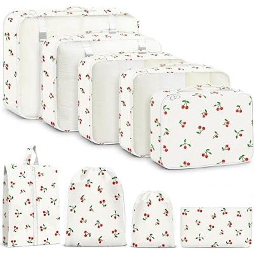 9 Set Packing Cubes for Travel Essentials - Lightweight Carry-On Luggage Organizer Bags with Shoe, Clothes & Laundry Bags for Airplane, Family & Business Travel, White Cherry