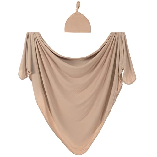 Bayceen Large Jersey Knitted Swaddle Blanket for Baby, Soft Stretchy Receiving Blanket for Newborns with Hat, Large 47 x 47 inches (Muted Fawn), BY001