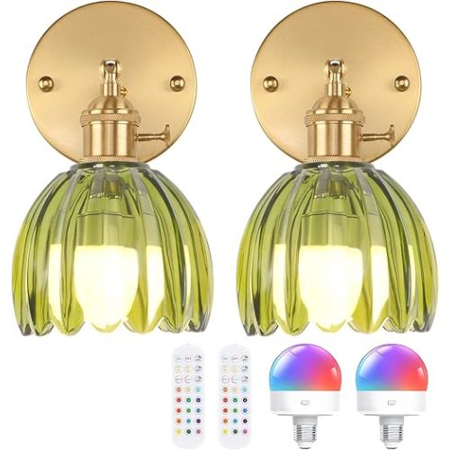 Vintage Battery Operated Wall Sconce with Green Tulip Glass Lampshade Rechargeable Battery Powered Wall Light with Remote Control for Bedside Bedroom Doorway, Set of 2