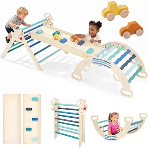 DUMOS 9-in-1 Pikler Triangle Set for Toddlers, Foldable Montessori Climbing Toys Indoor, Wooden Jungle Gym with Arch Rocker, Reversible Ramp, Ladder, Toy Cars and Blocks, Navy Blue