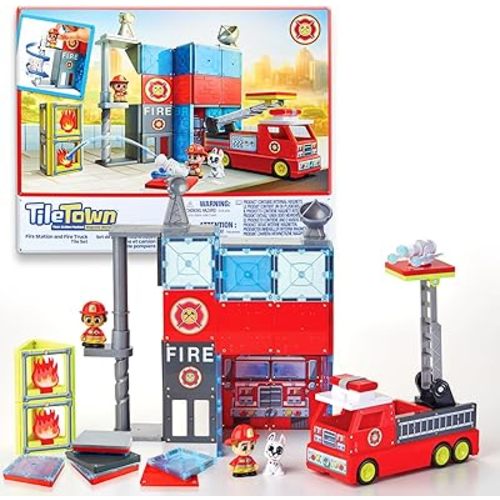 Tile Town Fire Station Magnetic Tiles Set, 66 Piece Kids Magnet Toy, Innovative Action Play Magnetic Tile Building Set Ages 3-6, Amazon Exclusive