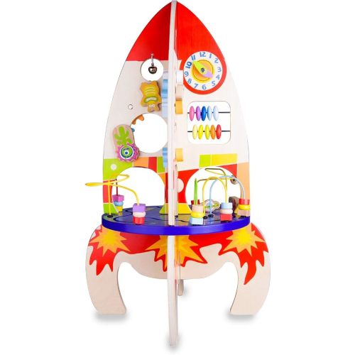 Classic World Wood Multi Activity Rocket Educational Toy for Toddlers with Bead Coaster Gear Game and Baby-Safe Mirror Eco-Friendly Wooden Activity Set Ideal for Ages 18 Months and Up