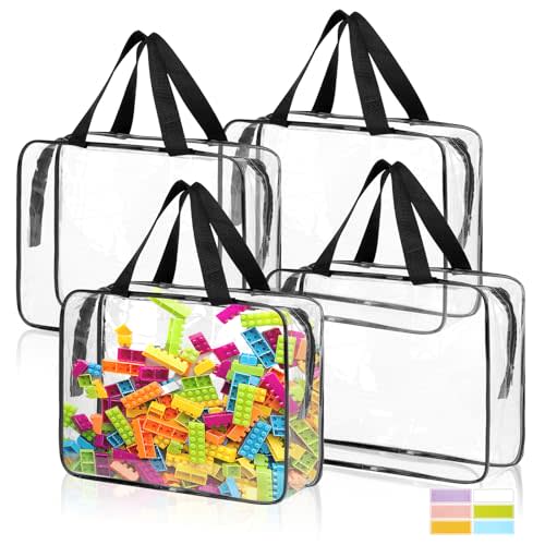 4 Pack Toy Storage Bags, Clear PVC Toy Organizer with Zipper, Large Black Waterproof Reusable Toy Bags with Labels for Puzzles, Building Blocks, Board Game, Stationery, Kids Books