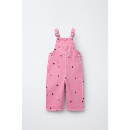 EMBROIDERED FLOWER TWILL OVERALLS - Pink | ZARA United States