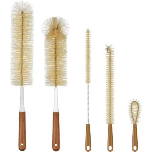 ALINK 5-Pack Bottle Brush Cleaner - Extra Long Bamboo Handle Water Bottle Straw Cleaning Brush for Washing Narrow Neck Beer Wine Decanter, Sports Bottle, Thermos, Flask, Jug
