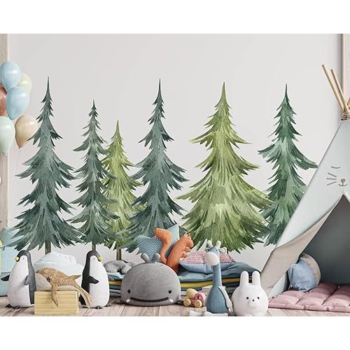Forest Pine Tree Wall Decal - Watercolor Tree Sticker - Nursery Decals - Forest Decor Woodland Trees Art Mural Vinyl