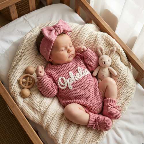 Hand Embroidered Name Baby Romper Set,Personalized Outfit, Baby Girl Romper, Coming Home, Organic Cotton Knit,Gender Neutral