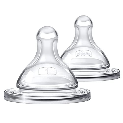 Chicco Duo Glass-Lined Baby Bottle Intui-Latch Nipple with Anti-Colic Valve, Stage 1 Slow Flow for Babies 0+ Months, 100% Silicone with Skin-Like Texture, Breast-Like Shape & Flow, 2-Pack
