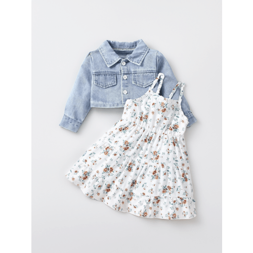 2 Pcs Toddler Baby Girl Ditsy Floral Layered Cami Dress with Blue Denim Crop Jacket