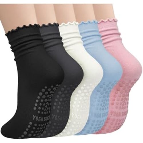 5 Pairs Pilates Socks with Grips for Women, Non Slip Cotton Ruffle Yoga Socks for Barre Workout Hospital