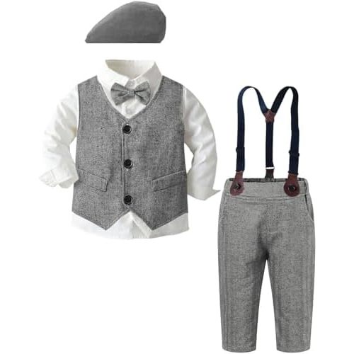 SANGTREE Boys Kids Little Boy Formal Suits Clothes Set, Shirt with Bow Tie Beret Hat Suspender Pants Sets, 3 Months - 9 Years