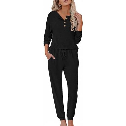 Ekouaer Womens Pajama Sets Long Sleeve Lounge Set 2 Piece Pj Sets for Women Henley Neck Casual Sleepwear Loungewear S-XXL