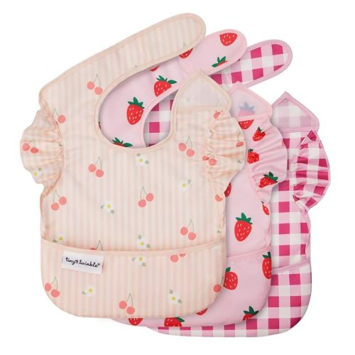 Tiny Twinkle Mess-Proof Baby Bibs for Eating | Waterproof, Wipeable Toddler Bibs with Catch-All Pocket | Feeding Bibs for Girls & Boys(3 Pack,Cherry Coquette,Strawberries,Raspberry Gingham)