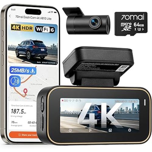 70mai A810 Lite 4K Dash Cam Front and Rear, 5GHz Wi-Fi 6 DashCam, Car Camera 4G LTE Remote Access, GPS Tracking, HDR Night Vision, 24H Parking Mode, Voice Control, Emergency Lock, Loop Recording