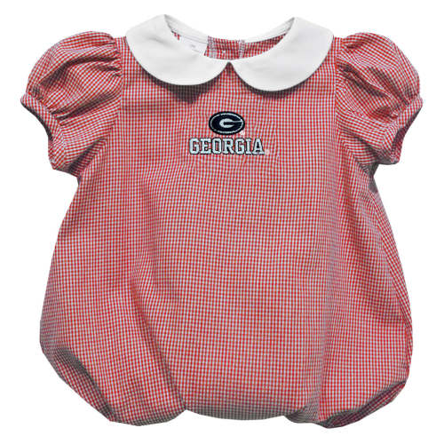 Georgia Bulldogs Embroidered Cardinal Red Gingham Girls Baby Bubble Short Sleeve