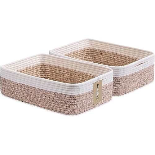 MiniArk Large Shallow Organizing Baskets 15x11x5.1 Inches - Rope Woven Storage Bins for Bathroom, Shelves, Cube Closet, White Mixed Brown 2 Packs