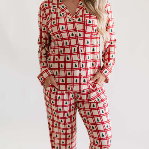 Women's Button Up Set In Christmas Plaid