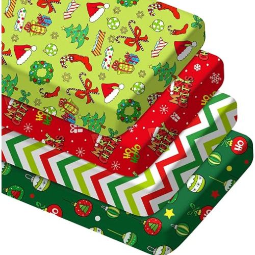 VitalCozy 4 Pcs Green Christmas Crib Sheet Set Newborn Bedding Nursery Baby Sheets for Girl Boys Baby Gifts for Standard Crib and Toddler Mattresses, 52 x 28 x 8 Inches