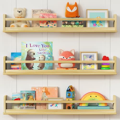 Harwaya Upgraded Wooden Wall Bookshelf for Kids Books, Large Nursery Floating Shelves for Kids Bedroom, Natural Wood Wall Bookshelves for Teens Toddlers Living Room Decor (36 Inch Long 3-Pack)