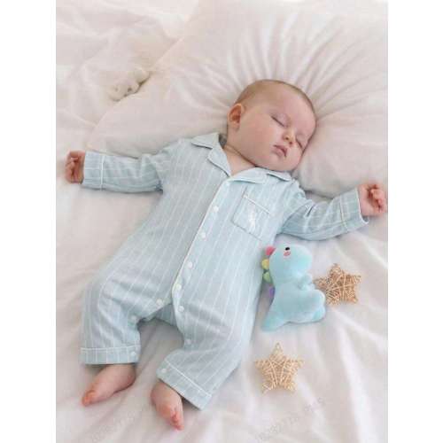 SHEIN Cute Newborn Baby Romper Blue And White Striped,Autumn Sleep Jumpsuit With Embroidered Horse Design,Long Sleeve Turndown Collar Crawling Loungewear | SHEIN USA