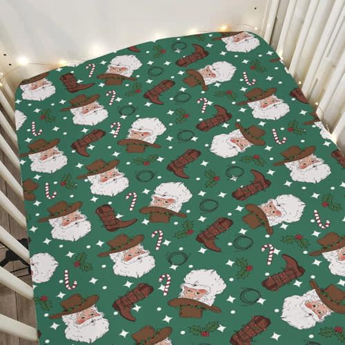 Green Cowboy Santa Christmas Baby Crib Sheets for Boy Girl 52x28Inch Western Santa Hat Boots Fir Leaves Soft Snug Fitted Crib Mattress Cover Wild West Baby Sheet for Standard Crib & Toddler Mattress