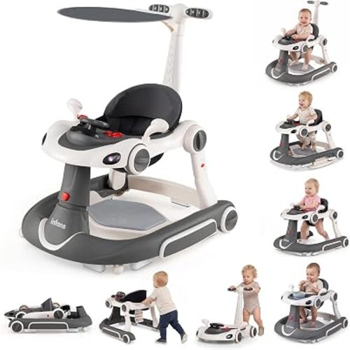 INFANS 7-in-1 Foldable Baby Walker, Converts Push Car to Bouncer, Rocker with Music, Lights, Adjustable Height & Speed, Activity Center, Canopy for 7-18 Months (Gray White)